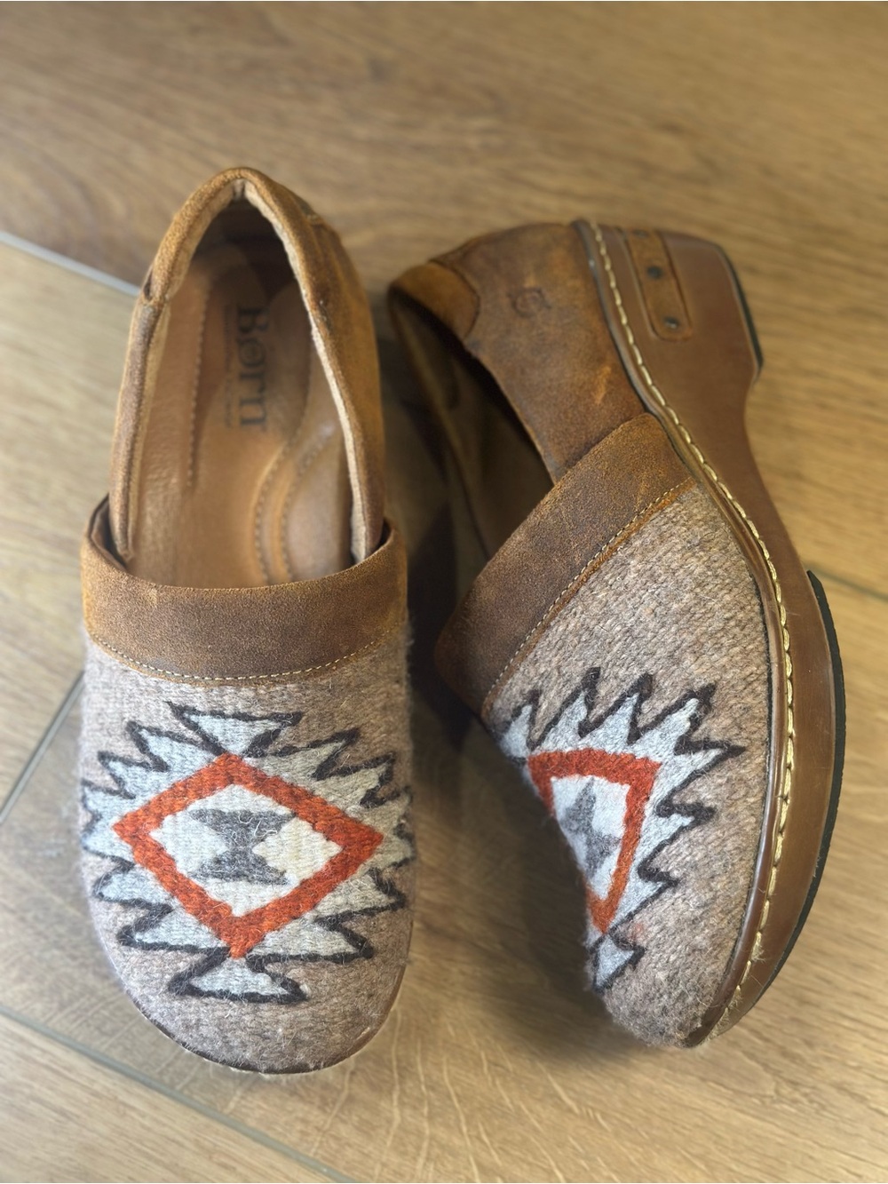 Børn Bailie Brown Southwestern leather wool Geometric Slip-On Clog Shoes Size 7